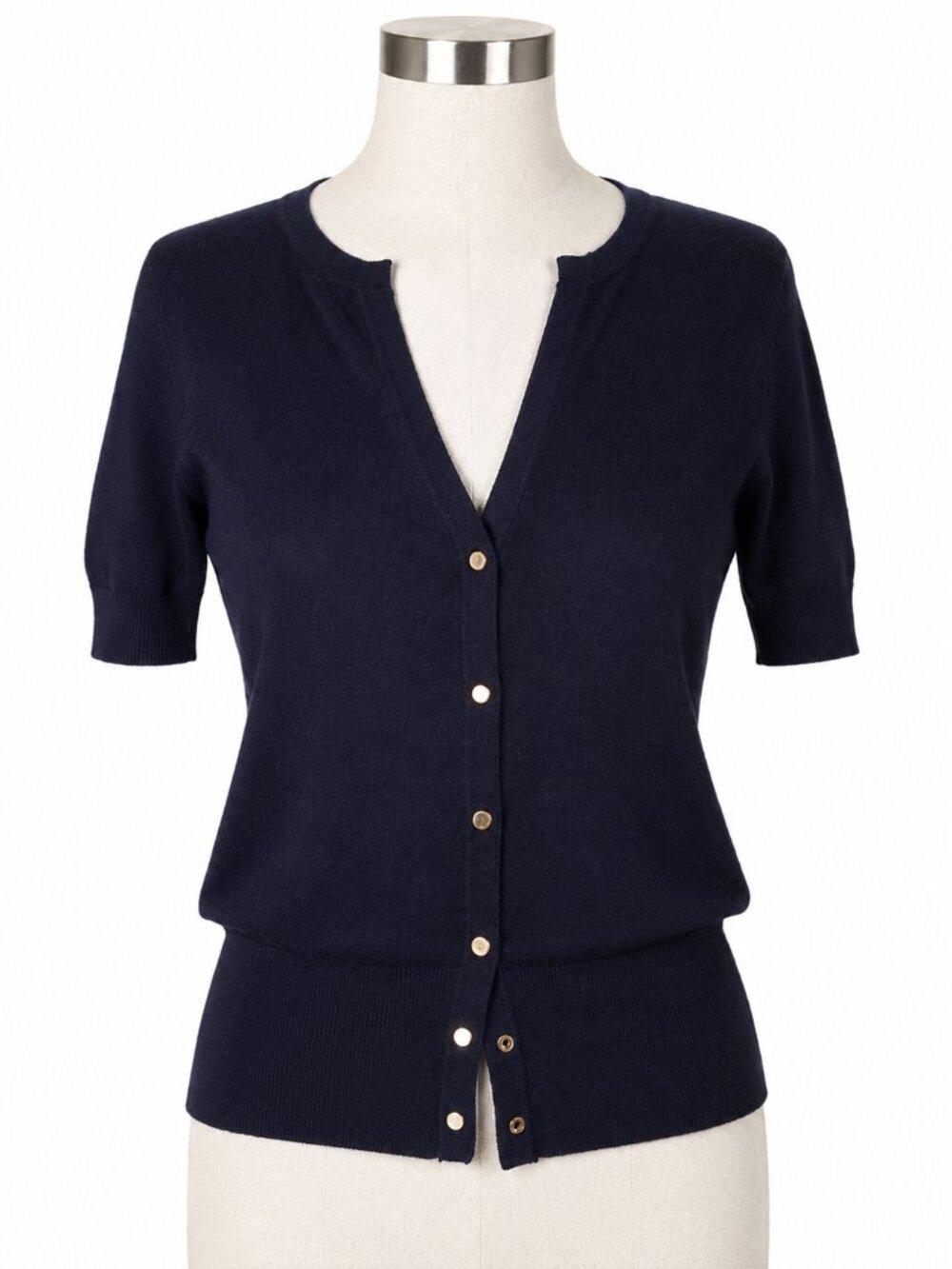 White House Black Market Navy Blue Snap Front Short Sleeve Cardigan Sweater -S